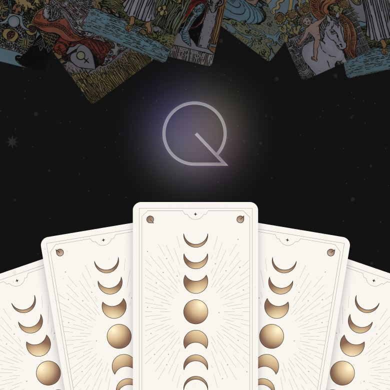 Tarot cards with celestial designs against a starry background.