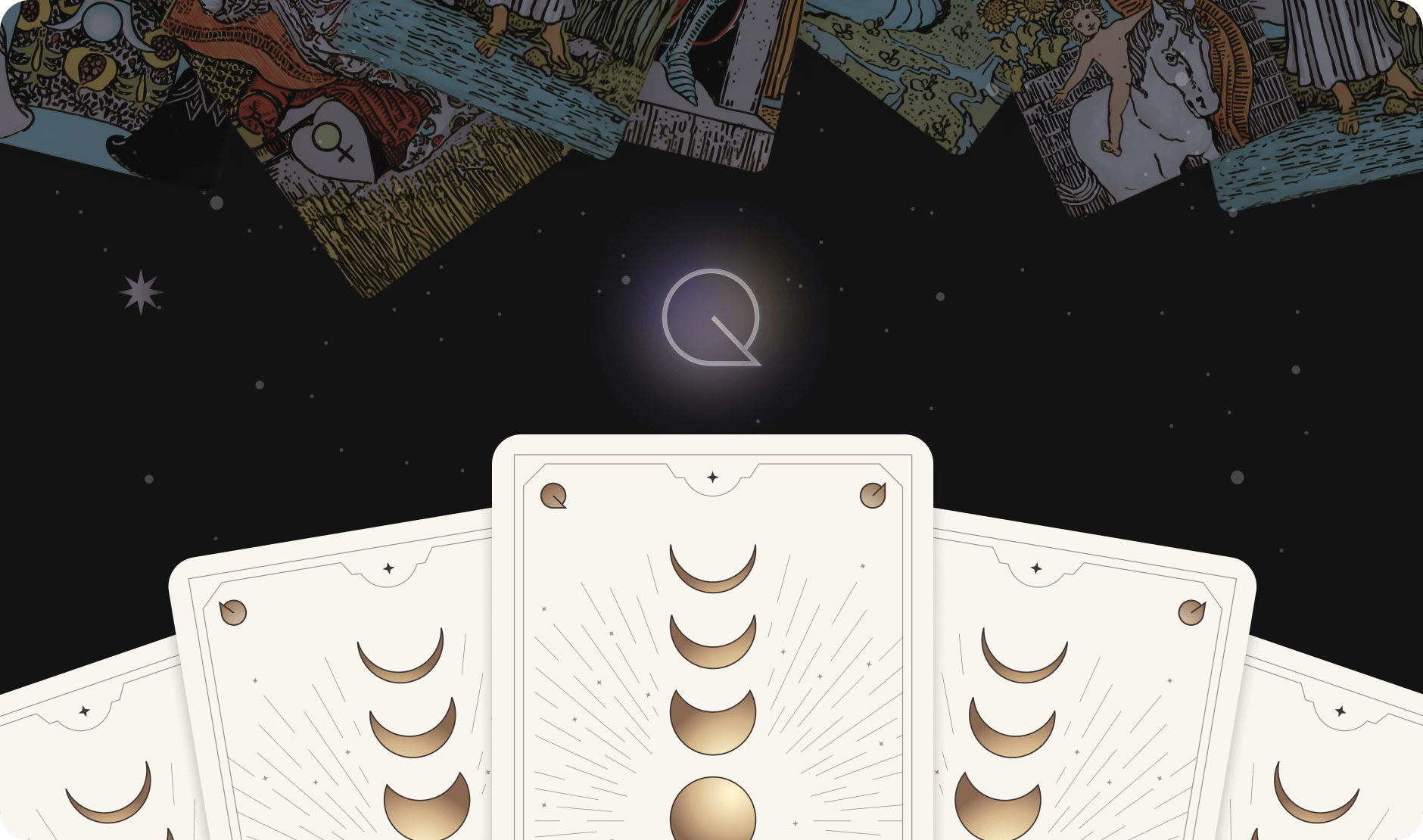 Tarot cards with moon phases against a starry background.